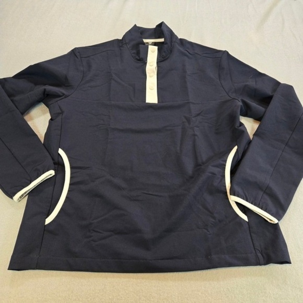 Maelreg Performance Pullover Women Medium Navy Blue Snap Mock Neck Contrast Trim